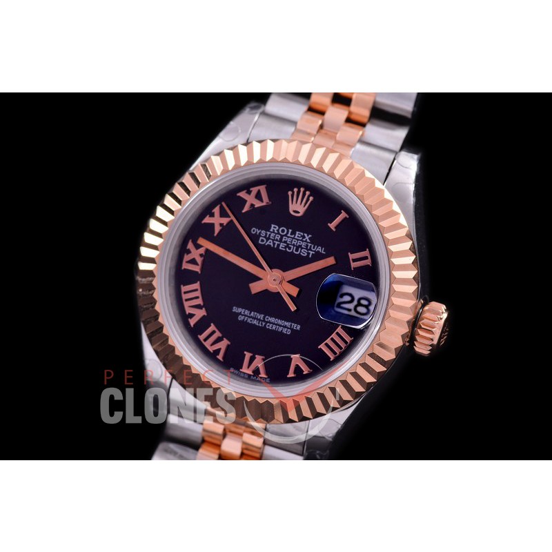 R28DJTR-422J BP Datejust 28mm Ladies 279171 SS/RG Fluted/Jubilee Black Roman Eta 2671
