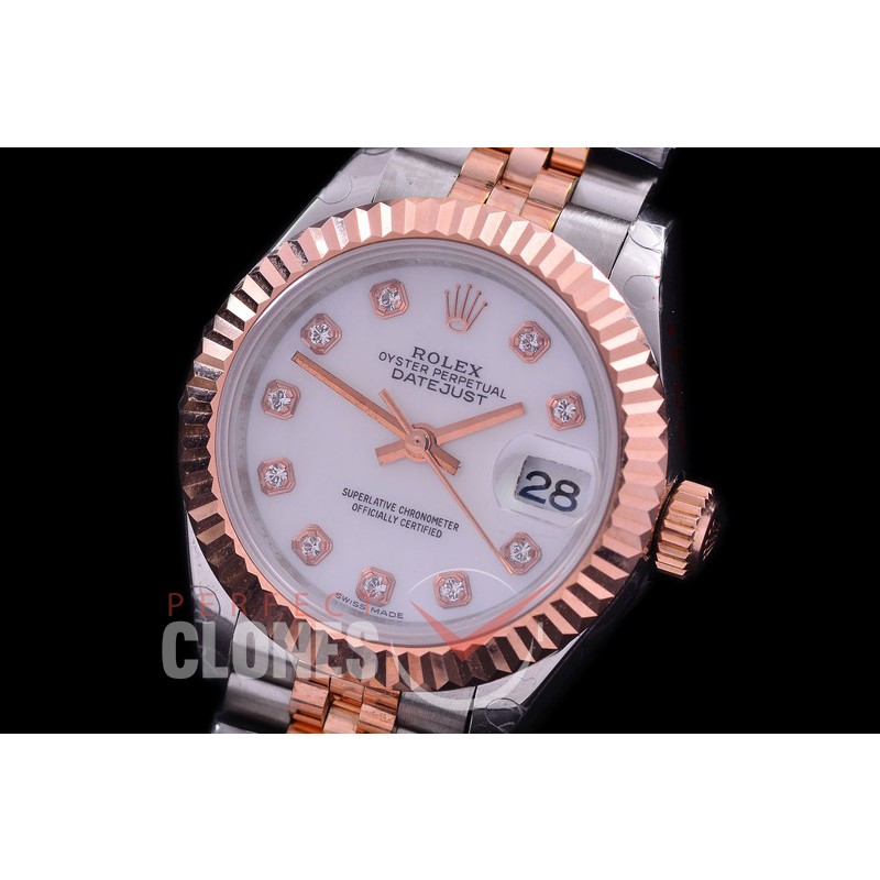 R28DJTR-411J BP Datejust 28mm Ladies 279171 SS/RG Fluted/Jubilee White Diamonds Eta 2671