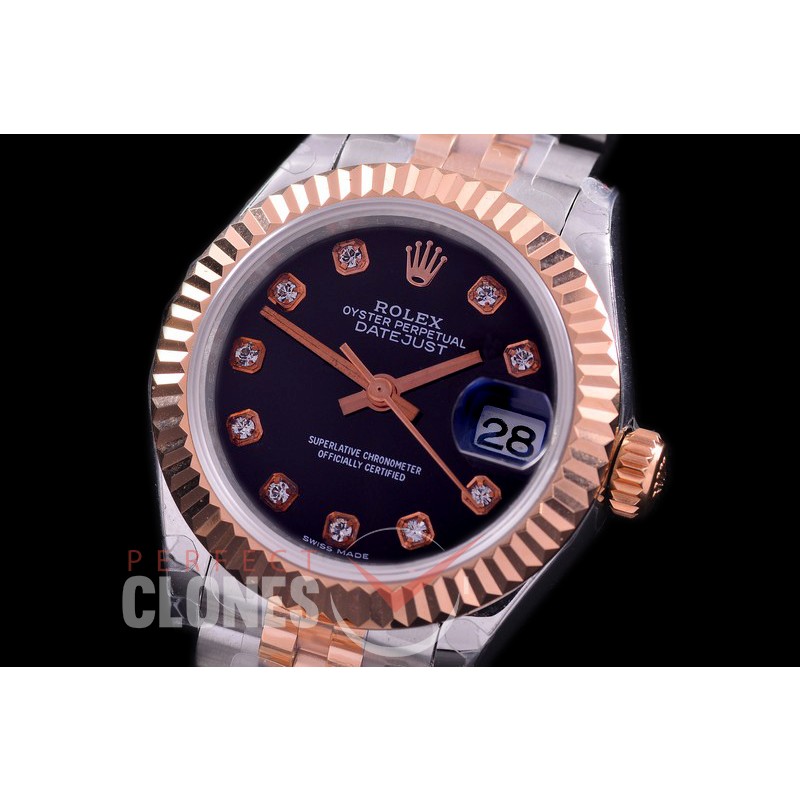 R28DJTR-412J BP Datejust 28mm Ladies 279171 SS/RG Fluted/Jubilee Black Diamonds Eta 2671