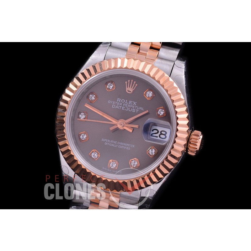R28DJTR-413J BP Datejust 28mm Ladies 279171 SS/RG Fluted/Jubilee Dark Rhodium Grey Diamonds Eta 2671