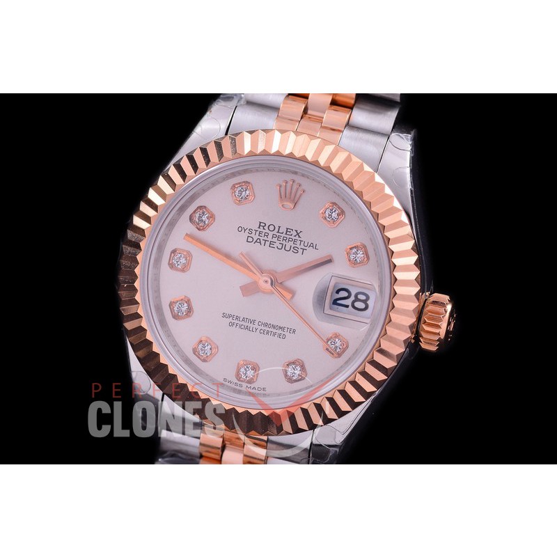 R28DJTR-410J BP Datejust 28mm Ladies 279171 SS/RG Fluted/Jubilee Silver Diamonds Eta 2671