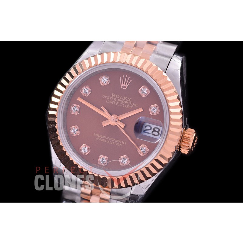 R28DJTR-415J BP Datejust 28mm Ladies 279171 SS/RG Fluted/Jubilee Brown Diamonds Eta 2671