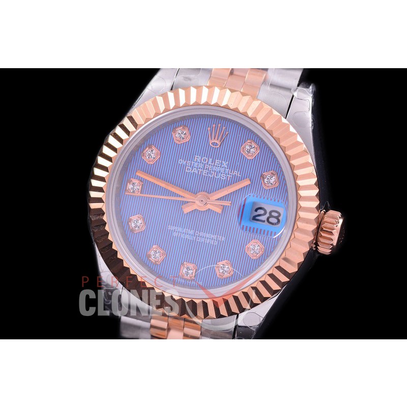 R28DJTR-417J BP Datejust 28mm Ladies 279171 SS/RG Fluted/Jubilee Blue Tuxedo Diamonds Eta 2671