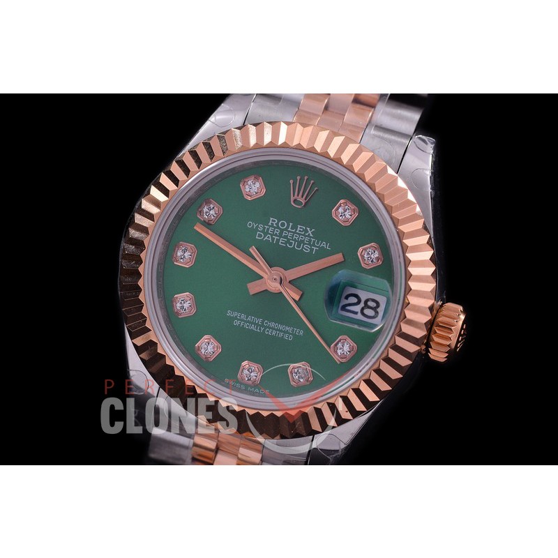 R28DJTR-416J BP Datejust 28mm Ladies 279171 SS/RG Fluted/Jubilee Green Diamonds Eta 2671