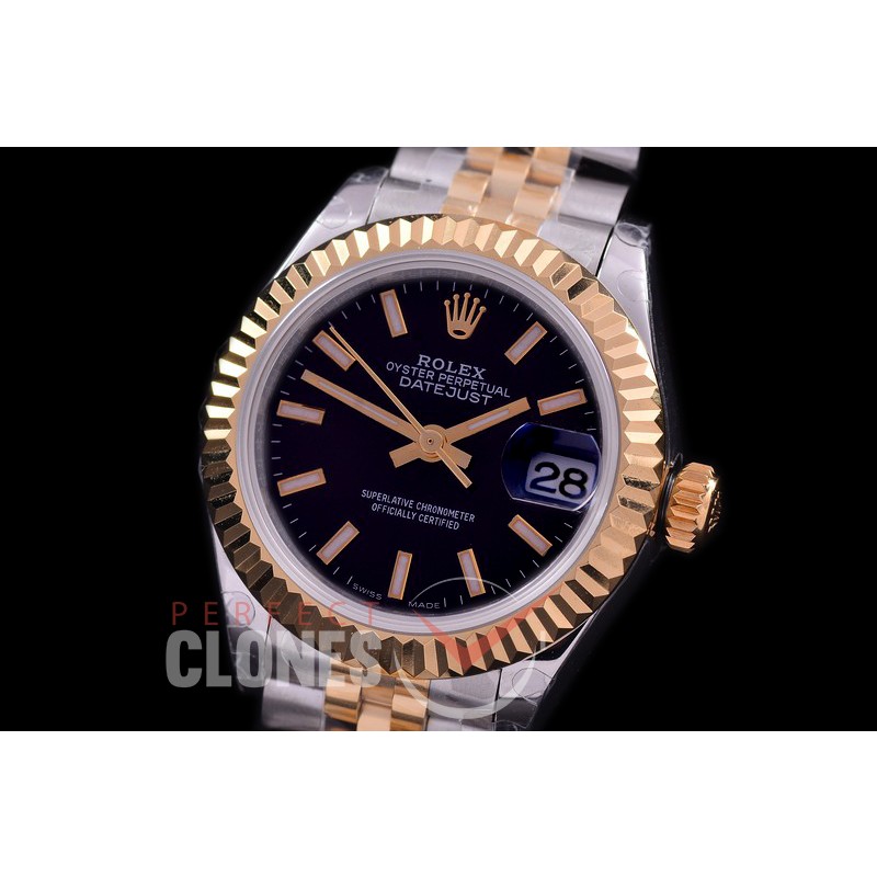 R28DJT-402J BP Datejust 28mm Ladies 279173 SS/YG Fluted/Jubilee Black Sticks Eta 2671