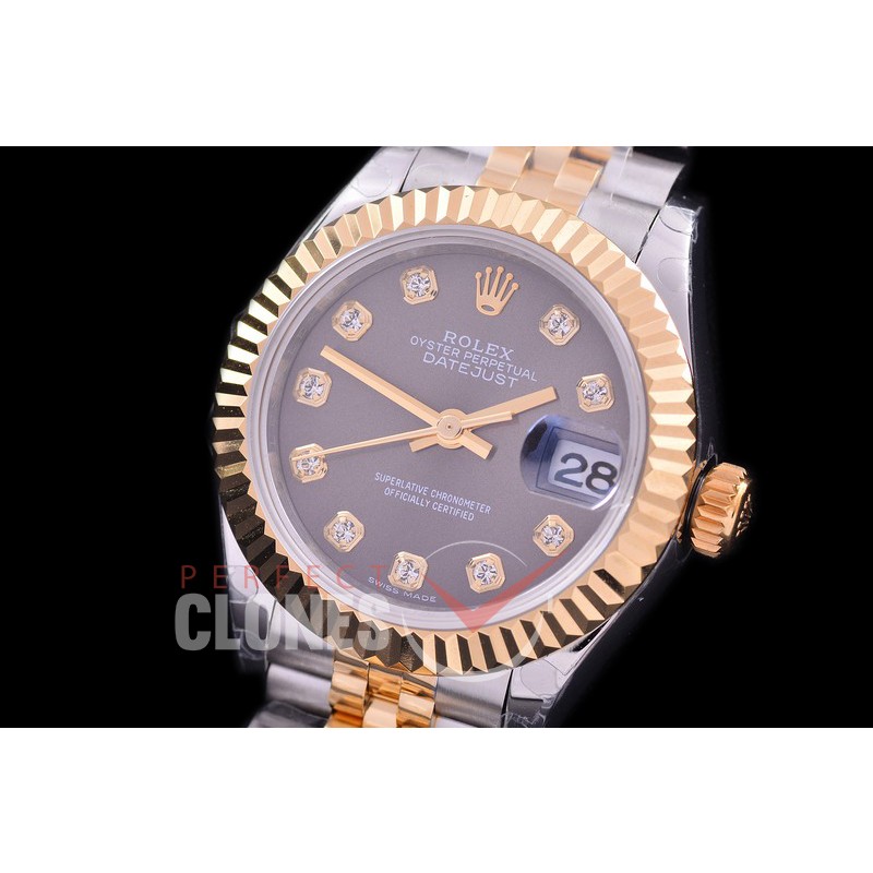 R28DJT-413J BP Datejust 28mm Ladies 279173 SS/YG Fluted/Jubilee Dark Rhodium Grey Diamonds Eta 2671