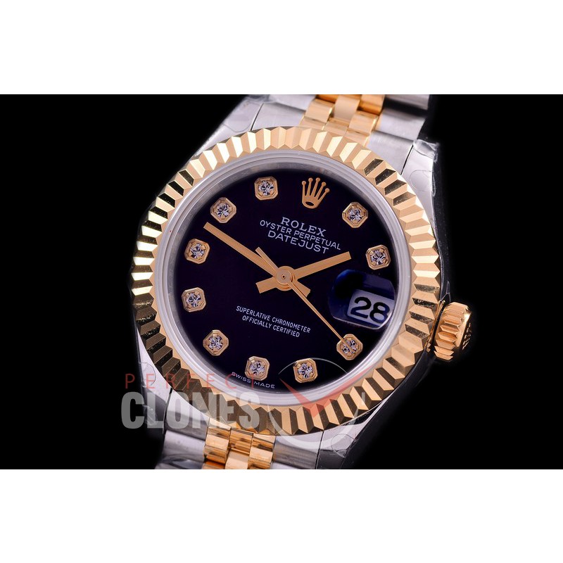 R28DJT-412J BP Datejust 28mm Ladies 279173 SS/YG Fluted/Jubilee Black Diamonds Eta 2671