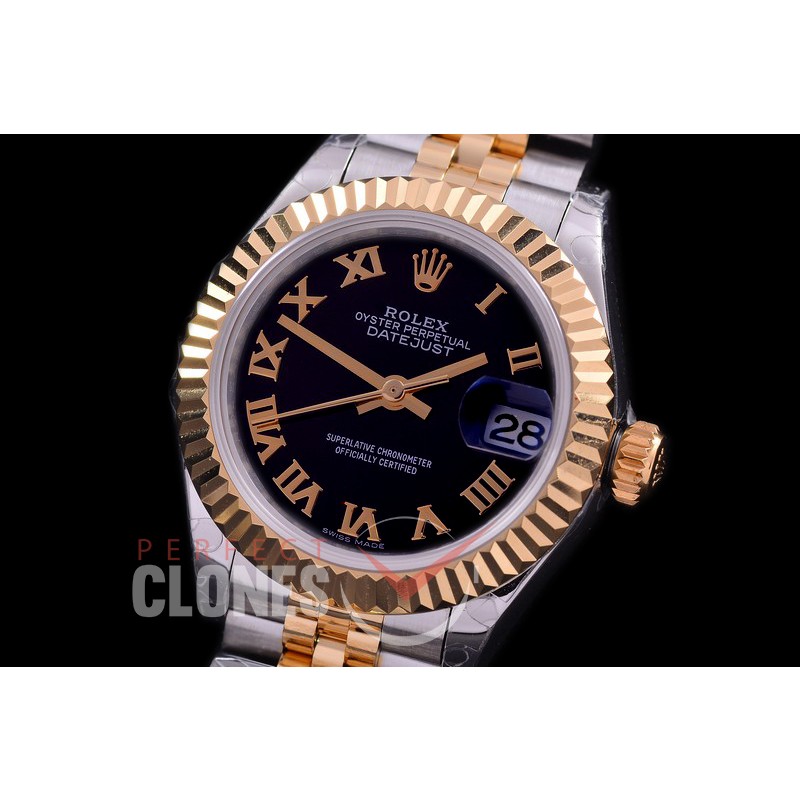 R28DJT-422J BP Datejust 28mm Ladies 279173 SS/YG Fluted/Jubilee Black Roman Eta 2671