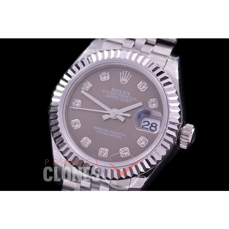 R28DJS-413J BP Datejust 28mm Ladies 279174 SS/SS Fluted/Jubilee Dark Rhodium Grey Diamonds Eta 2671