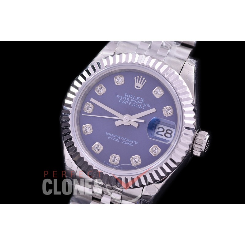 R28DJS-414J BP Datejust 28mm Ladies 279174 SS/SS Fluted/Jubilee Blue Diamonds Eta 2671