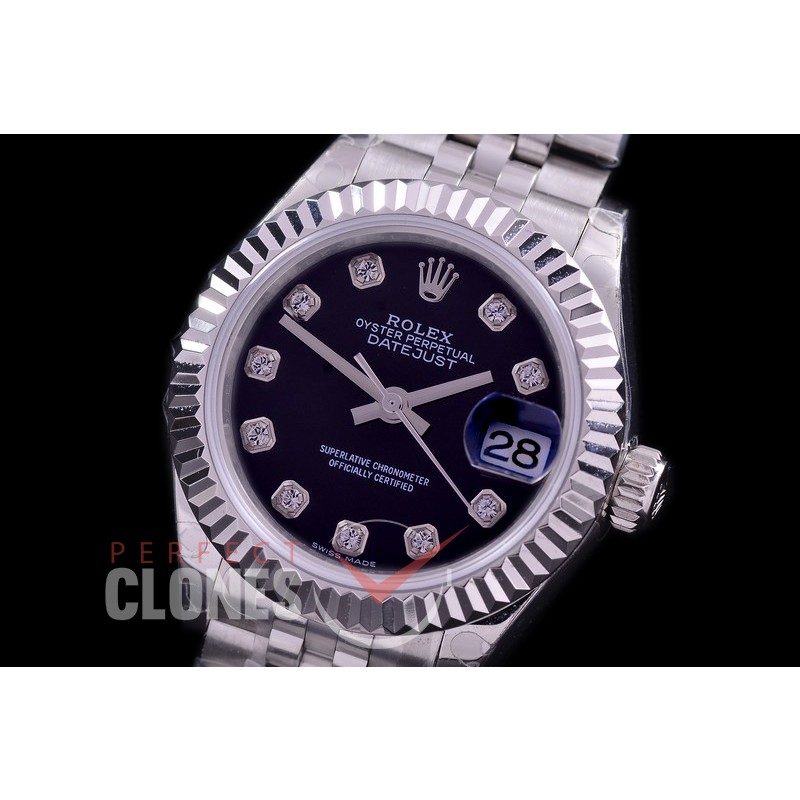 R28DJS-412J BP Datejust 28mm Ladies 279174 SS/SS Fluted/Jubilee Black Diamonds Eta 2671