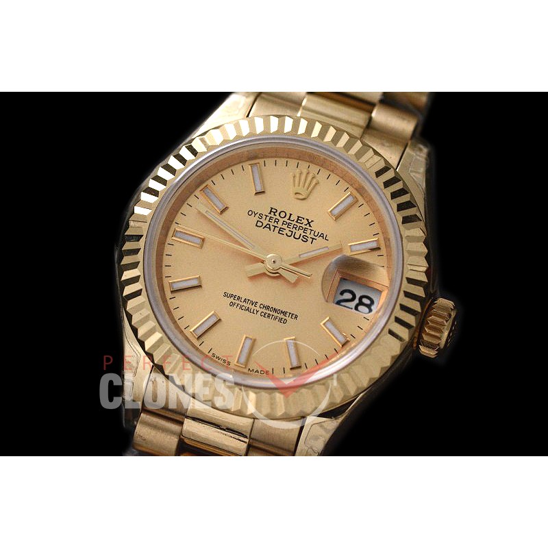 R28DJF-613 279178 Datejust Ladies 28mm Fluted/President YG/YG Gold Sticks ETA 2671