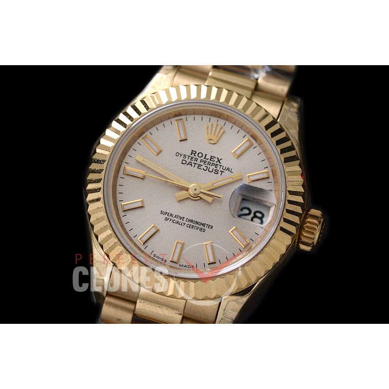R28DJF-611 279178 Datejust Ladies 28mm Fluted/President YG/YG Silver Sticks ETA 2671