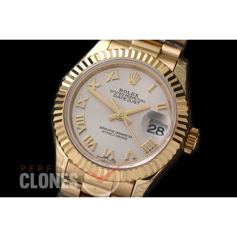 R28DJF-621 279178 Datejust Ladies 28mm Fluted/President YG/YG Silver Roman ETA 2671