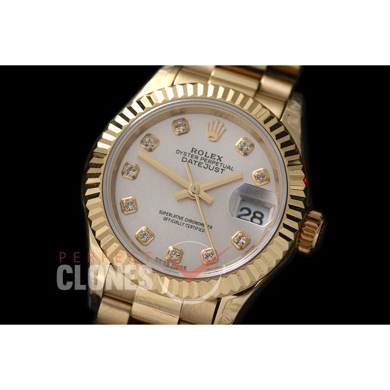 R28DJF-601 279178 Datejust Ladies 28mm Fluted/President YG/YG Silver Diam ETA 2671