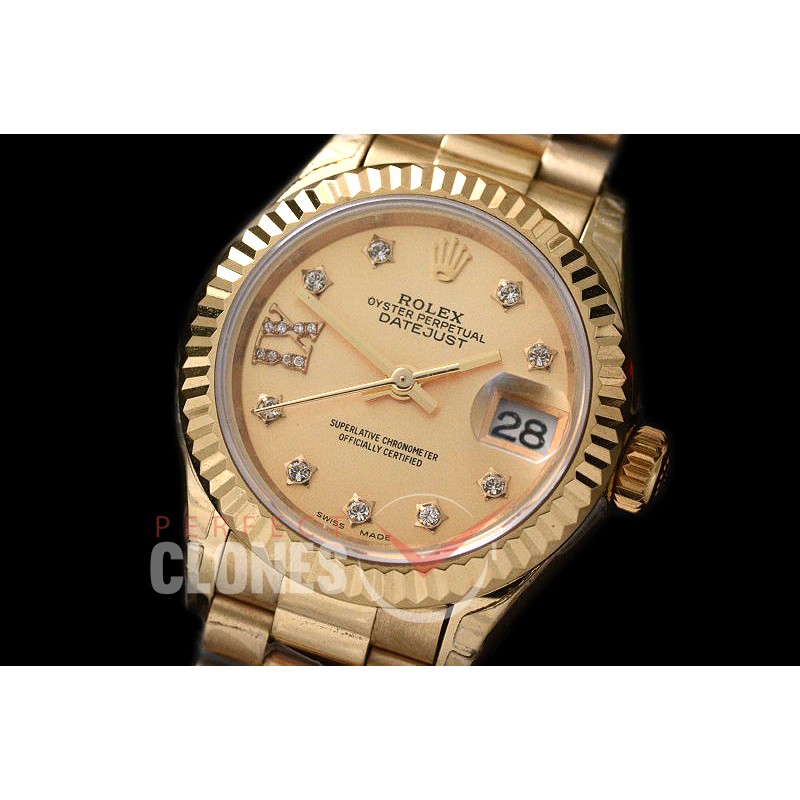 R28DJF-608 279178 Datejust Ladies 28mm Fluted/President YG/YG Gold Diam ETA 2671