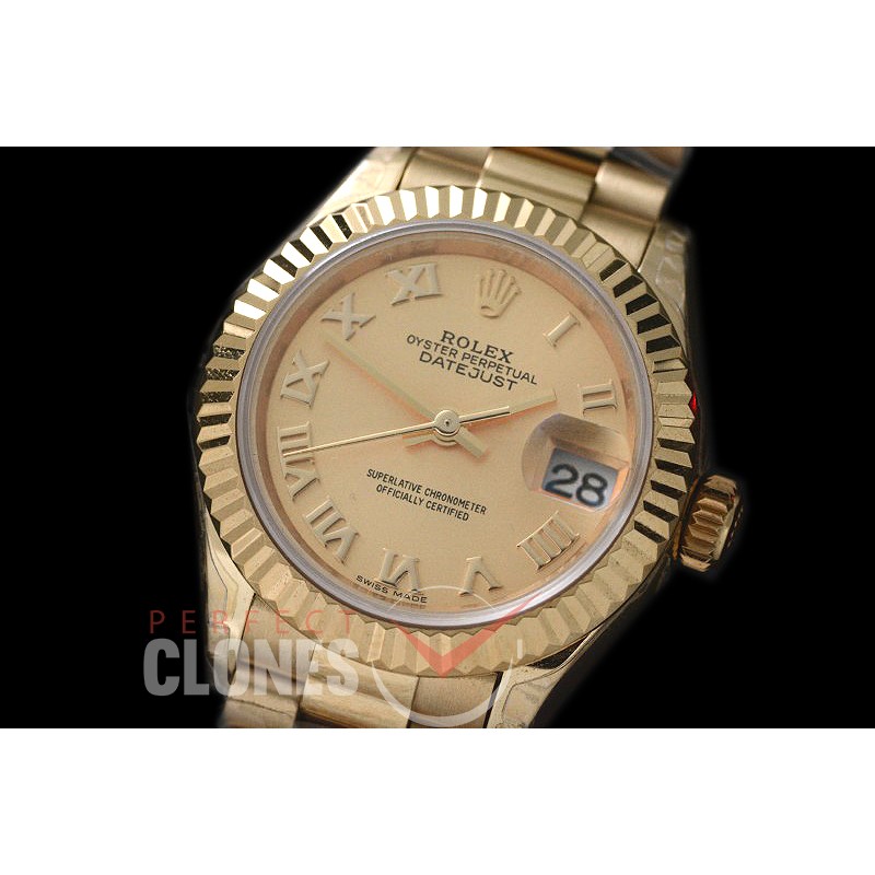 R28DJF-623 279178 Datejust Ladies 28mm Fluted/President YG/YG Gold Roman ETA 2671
