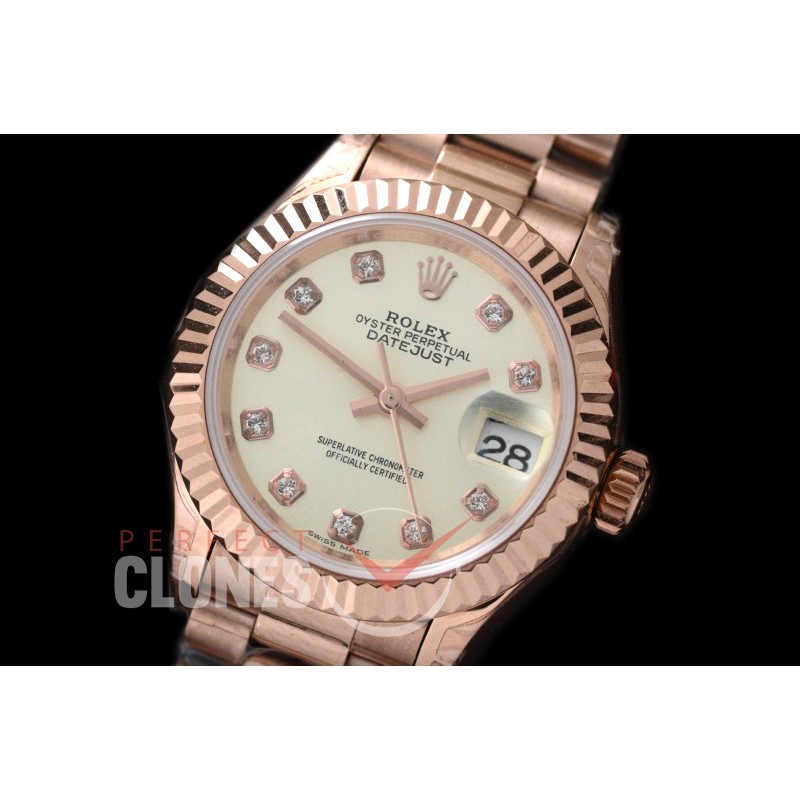 R28DJR-602 279175 Datejust Ladies 28mm Fluted/President RG/RG Metalic Yellow Roman ETA 2671