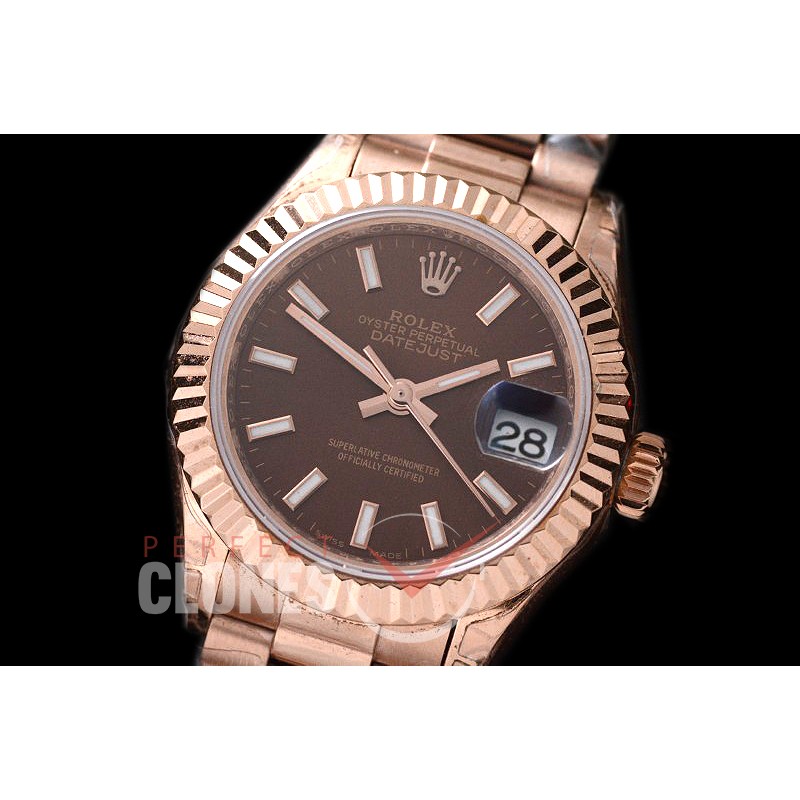 R28DJR-616 279175 Datejust Ladies 28mm Fluted/President RG/RG Brown Sticks ETA 2671