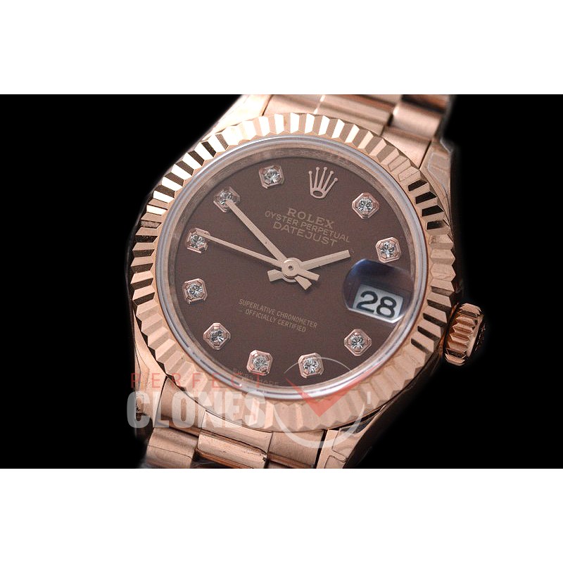 R28DJR-606 279175 Datejust Ladies 28mm Fluted/President RG/RG Brown Sticks ETA 2671