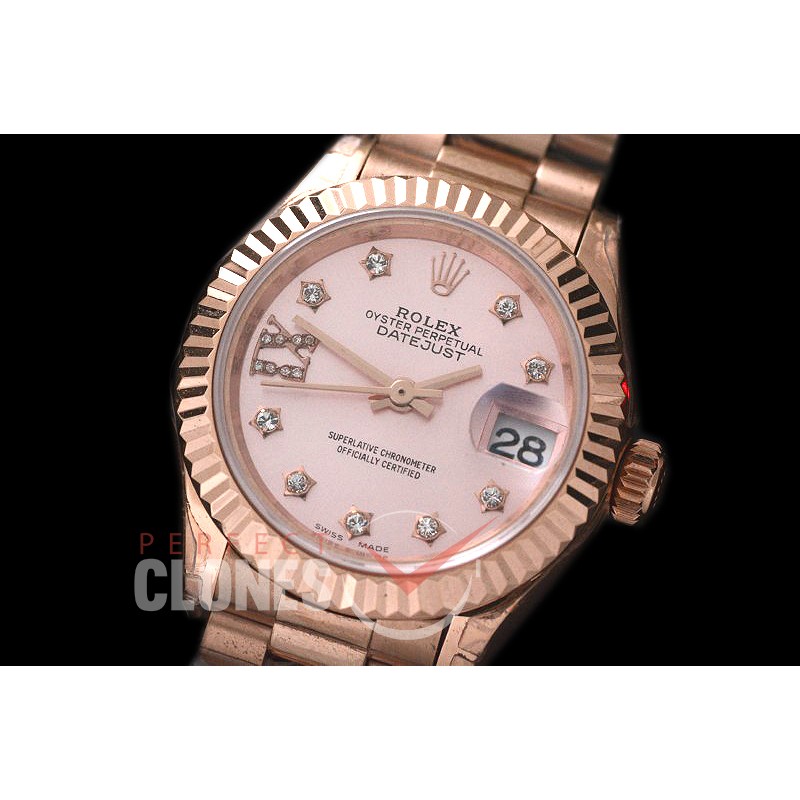 R28DJR-609 279175 Datejust Ladies 28mm Fluted/President RG/RG Rose Star Diamonds ETA 2671