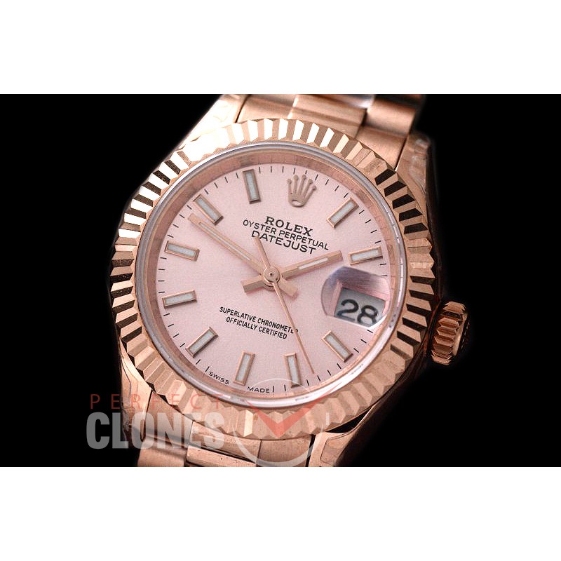 R28DJR-615 279175 Datejust Ladies 28mm Fluted/President RG/RG Rose Sticks ETA 2671