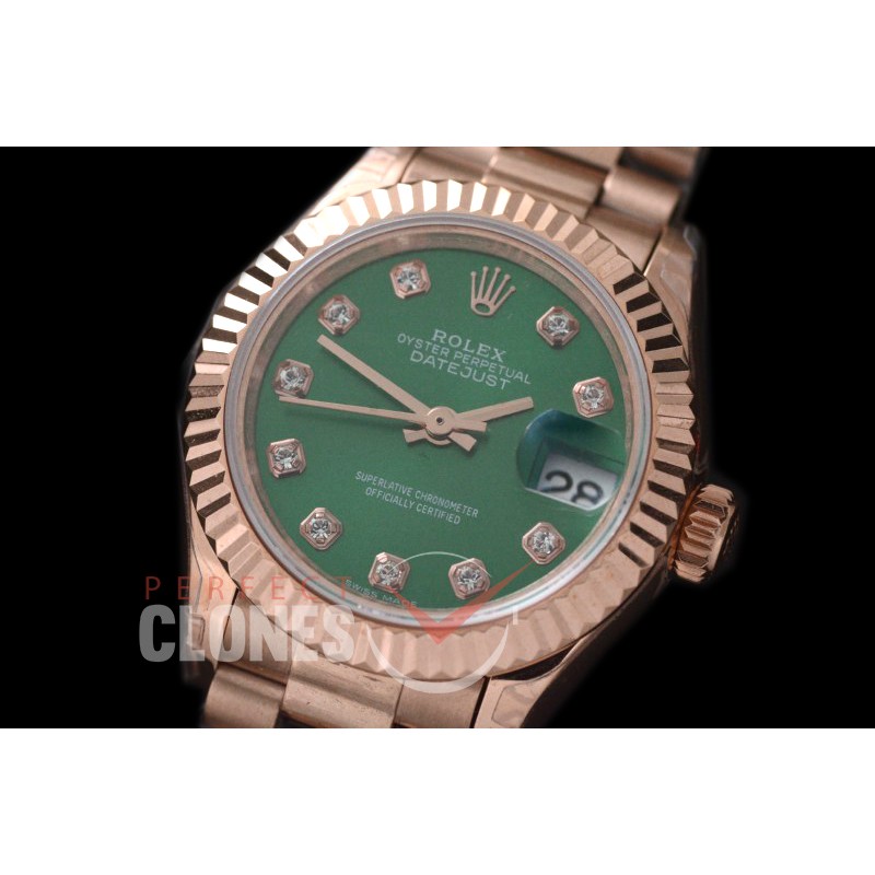 R28DJR-604 279175 Datejust Ladies 28mm Fluted/President RG/RG Green Diamond ETA 2671