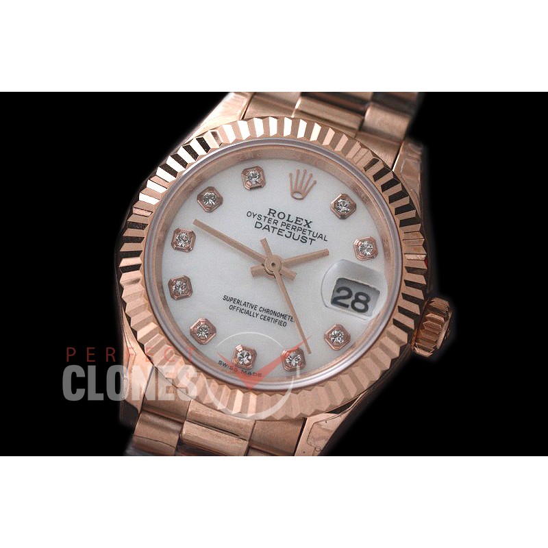 R28DJR-601 279175 Datejust Ladies 28mm Fluted/President RG/RG White Diamond ETA 2671