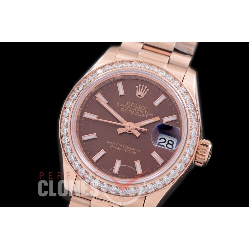 R28DJR-616D 279135RBR Datejust Ladies 28mm Fluted/President RG/RG Brown Sticks ETA 2671