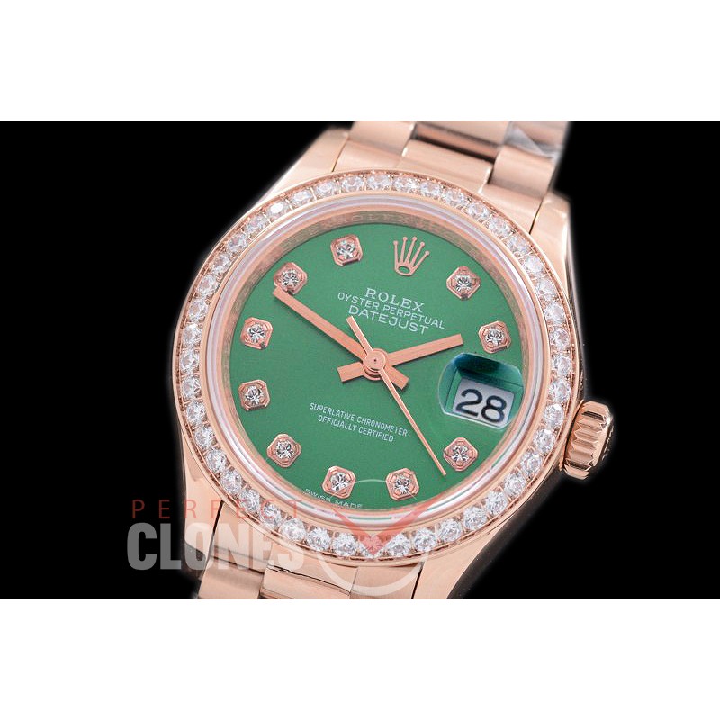 R28DJR-604D 279135RBR Datejust Ladies 28mm Fluted/President RG/RG Green Diamond ETA 2671