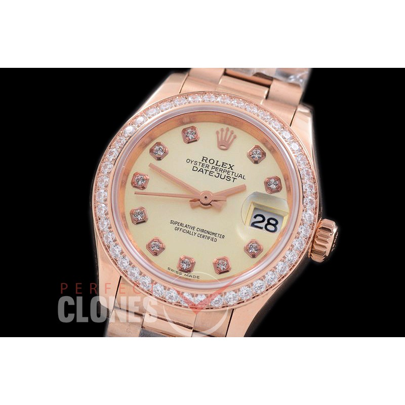 R28DJR-602D 279135RBR Datejust Ladies 28mm Fluted/President RG/RG Metallic Yellow Diamond ETA 2671