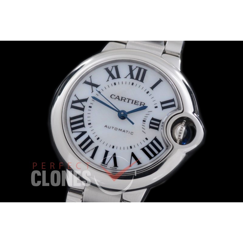 0 0 CARBA-33-204S V6F Ballon de Cartier Midsize 33 SS/SS MOP White Miyota NL05 Mod to Cali 076
