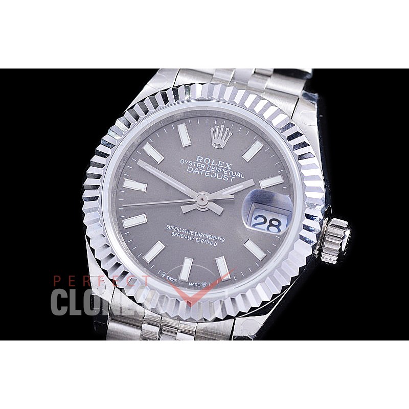 R28DJS-2R-103J BP 2023 Datejust 28mm Ladies 279174 SS/SS Fluted/Jubilee Dark Rhodium Grey Sticks Eta 2671
