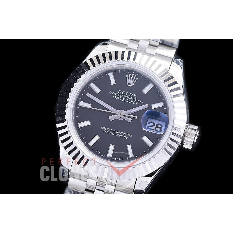 R28DJS-2R-102J BP 2023 Datejust 28mm Ladies 279174 SS/SS Fluted/Jubilee Black Sticks Eta 2671