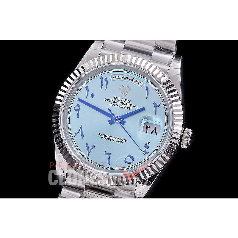 R40DDS00407R1 BP DayDate 40mm 228239 SS/SS Fluted Bez Ice Blue Arabic Special Edition A-2836/Mod to Calibre 3255 Bridges 