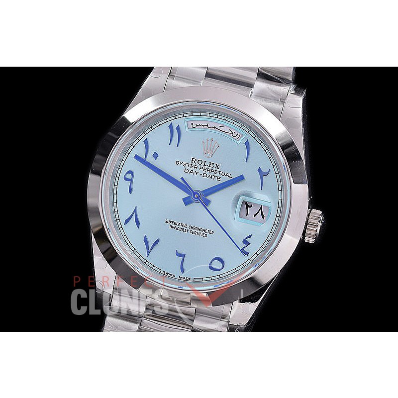 R40DDS00407S1 BP Daydate 40mm 228239 SS/SS Smooth Bez Ice Blue Arabic Special Edition A-2836/Mod to Calibre 3255 Bridges 