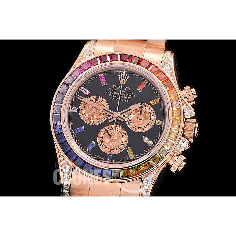0 0 0 0 0 RLDUB-4130-103 ZF 904L Steel Daytona 116595RBOW RG/RG Black Rainbow Ruby Sticks 4130 Superclone - 72 Hours Power Reserve Movement 