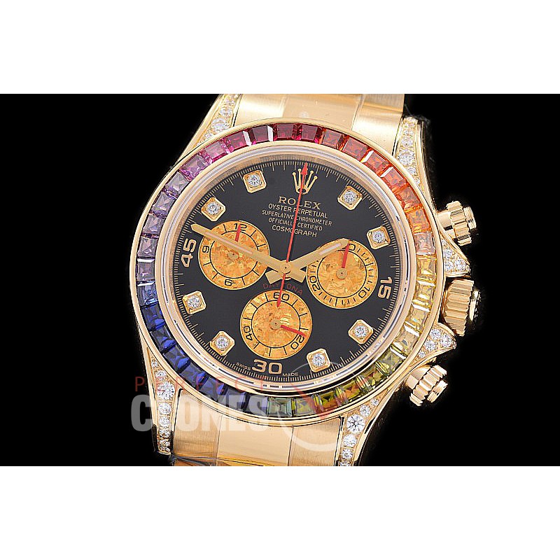 0 0 0 0 0 RLDUB-4130-102 ZF 904L Steel Daytona 116598RBOW YG/YG Black Rainbow Ruby Sticks 4130 Superclone - 72 Hours Power Reserve Movement 