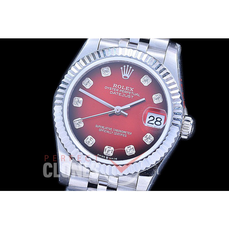 R31DJS-115 GMF 904 Steel Datejust Midsize 278274 SS/SS Fluted/Jubilee Burnt Red Diamonds Asian Clone 2824