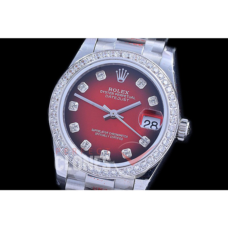 R31DJS-195D GMF 904 Steel Datejust Midsize 278274 SS/SS Fluted/President/Diam Red Ombre Diamonds Asian Clone 2824