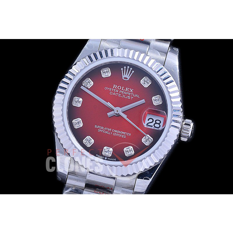 R31DJS-195 GMF 904 Steel Datejust Midsize 278274 SS/SS Fluted/President Red Ombre Diamonds Asian Clone 2824