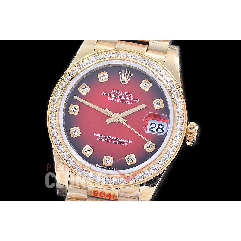 R31DJF-195D GMF 904 Steel Datejust Midsize 278288RBR YG/YG Fluted/President/Diam Red Ombre Diamonds Asian Clone 2824