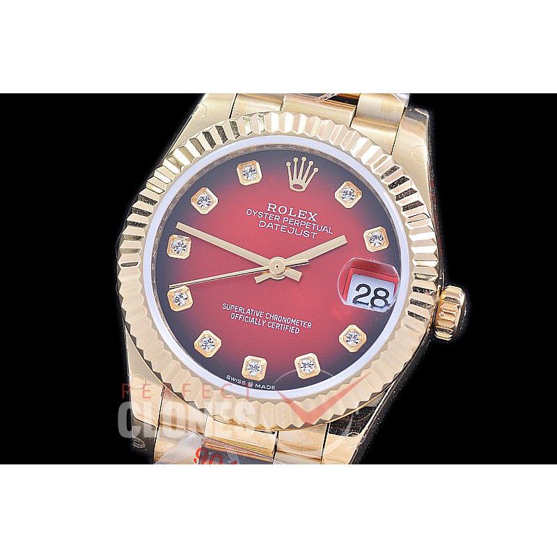 R31DJF-195 GMF 904 Steel Datejust Midsize 278288 YG/YG Fluted/President Red Ombre Diamonds Asian Clone 2824