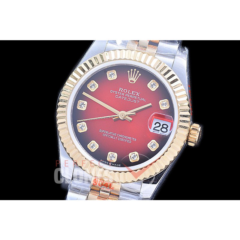 R31DJT-116 GMF 904 Steel Datejust Midsize 278273 SS/YG Fluted/Jubilee Red Ombre Diamonds Asian Clone 2824