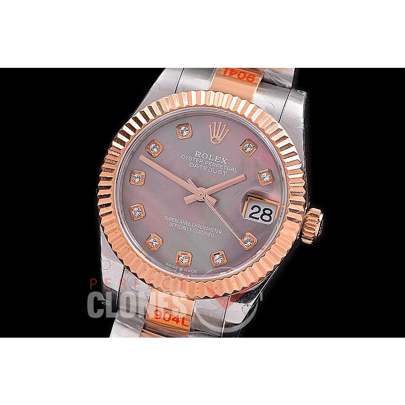 R31DJTR-168 GMF 904 Steel Datejust Midsize 278271 SS/RG Fluted/Oyster MOP Black Diamonds Asian Clone 2824