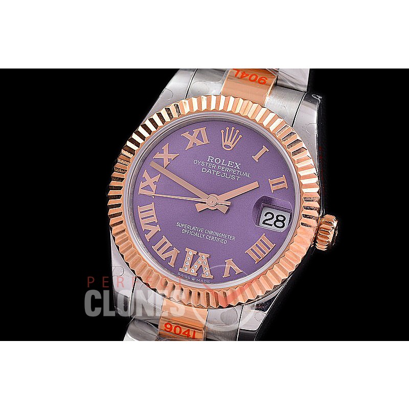 R31DJTR-179 GMF 904 Steel Datejust Midsize 278271 SS/RG Fluted/Oyster Violet Roman-Diamonds Asian Clone 2824