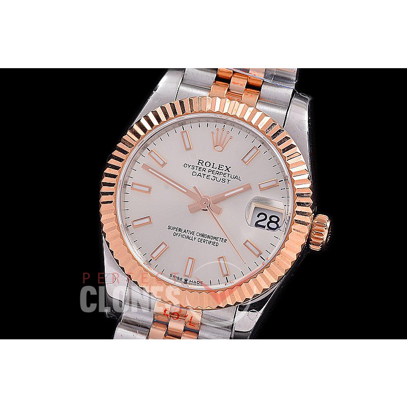 R31DJTR-100 GMF 904 Steel Datejust Midsize 278271 SS/RG Fluted/Jubilee Silver Sticks Asian Clone 2824
