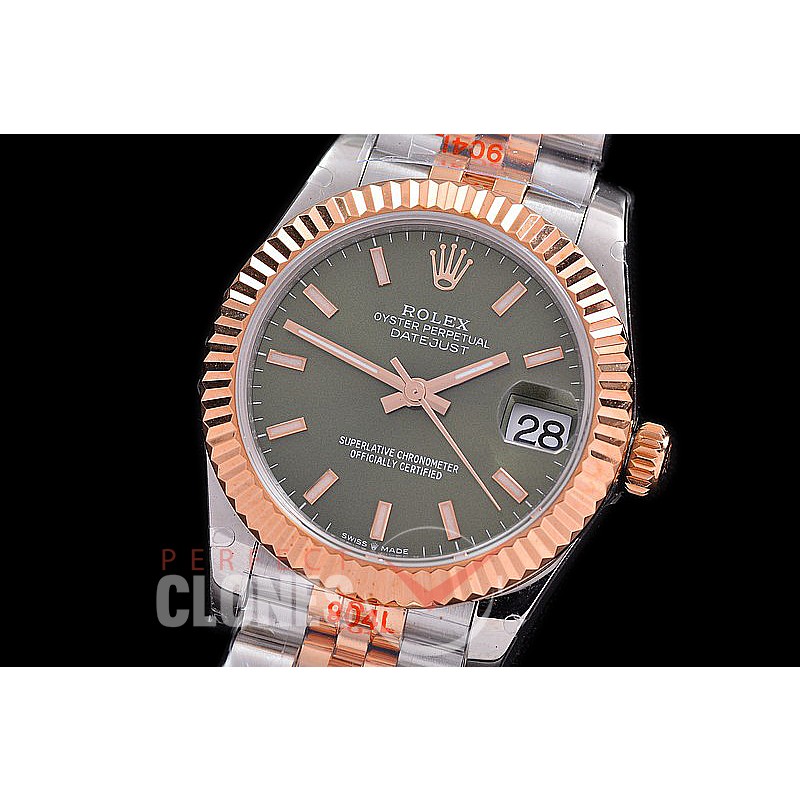 R31DJTR-106 GMF 904 Steel Datejust Midsize 278271 SS/RG Fluted/Jubilee Olive Green Sticks Asian Clone 2824