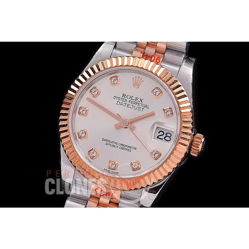R31DJTR-110 GMF 904 Steel Datejust Midsize 278271 SS/RG Fluted/Jubilee Silver Diamonds Asian Clone 2824