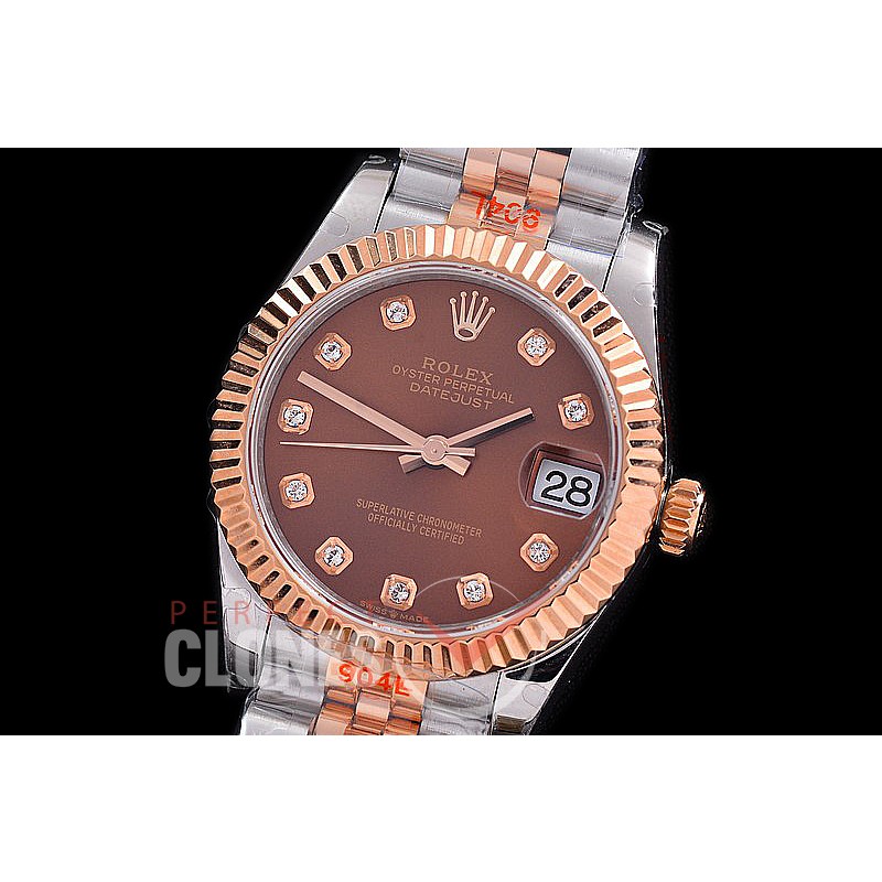 R31DJTR-116 GMF 904 Steel Datejust Midsize 278271 SS/RG Fluted/Jubilee Brown Diamonds Asian Clone 2824